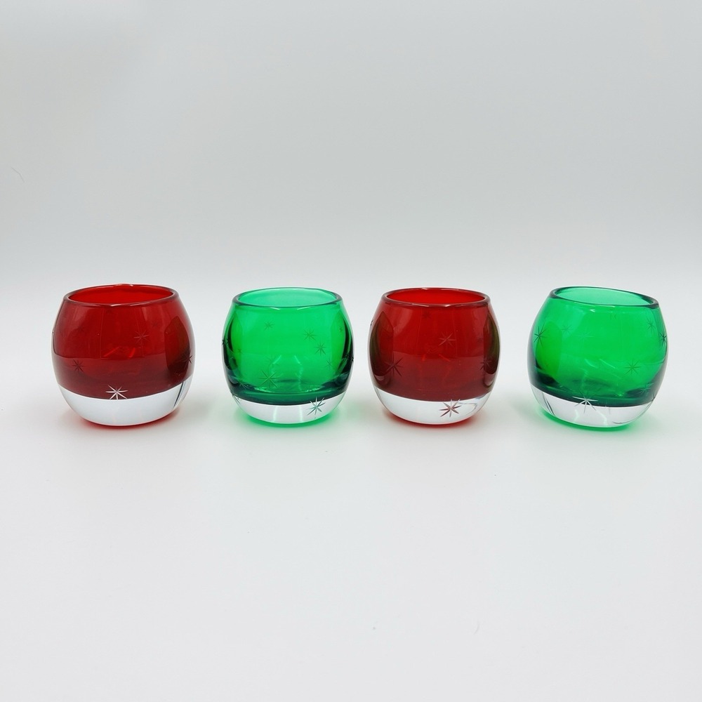 Votive Holder Set Etched Starburst Red Green Glass Hand Blown Poland Christmas